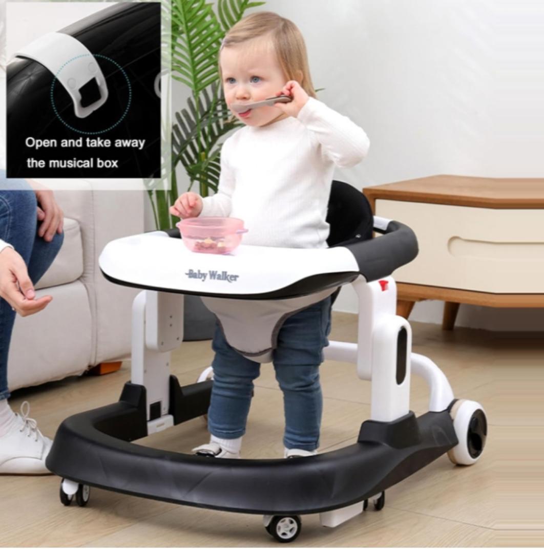 Premium 4-in-1 Baby Walker with Wheels, Foldable Baby Push Walker with Adjustable Height & Speed, Standing Activity Center with Music & Lights