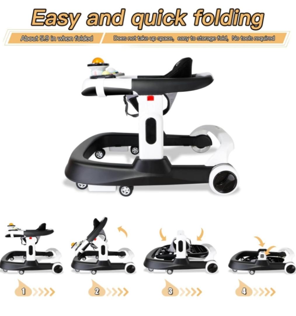Premium 4-in-1 Baby Walker with Wheels, Foldable Baby Push Walker with Adjustable Height & Speed, Standing Activity Center with Music & Lights