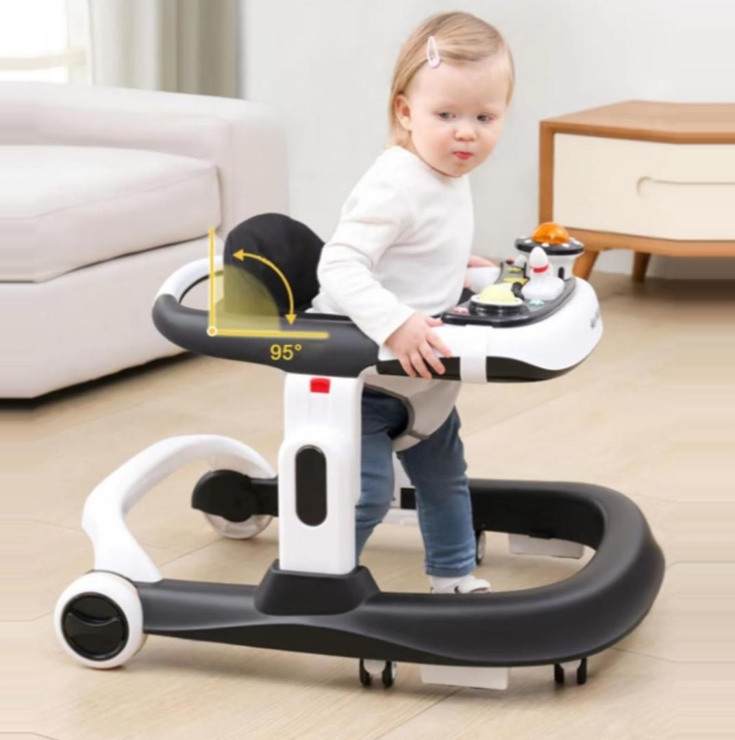 Premium 4-in-1 Baby Walker with Wheels, Foldable Baby Push Walker with Adjustable Height & Speed, Standing Activity Center with Music & Lights