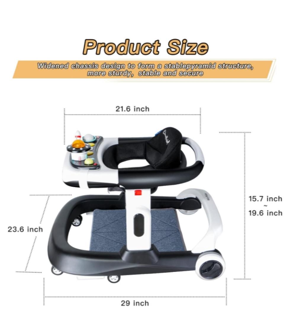 Premium 4-in-1 Baby Walker with Wheels, Foldable Baby Push Walker with Adjustable Height & Speed, Standing Activity Center with Music & Lights