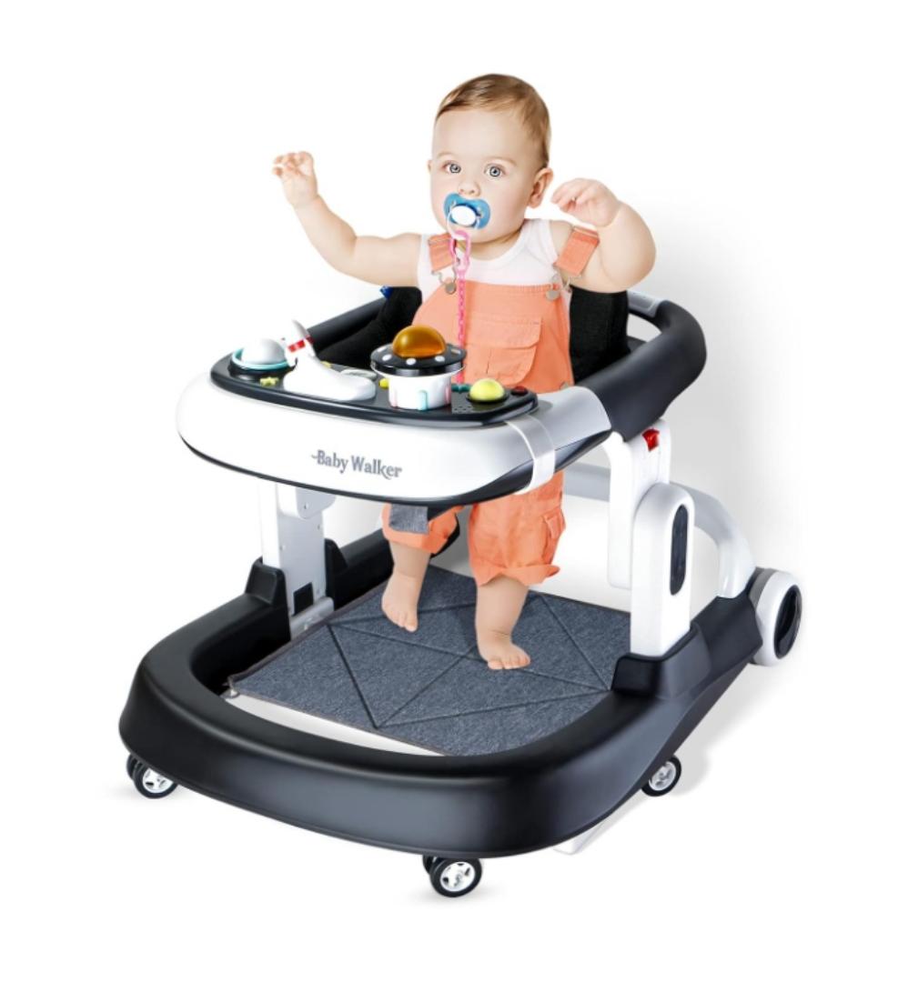 Premium 4-in-1 Baby Walker with Wheels, Foldable Baby Push Walker with Adjustable Height & Speed, Standing Activity Center with Music & Lights