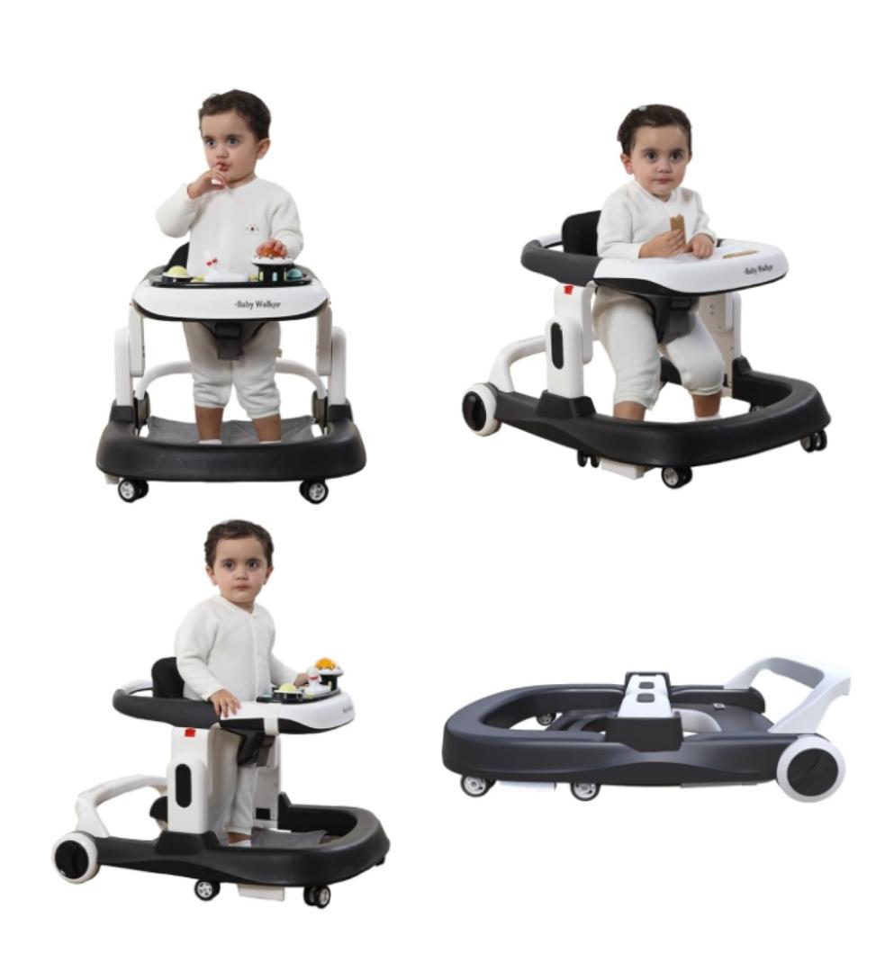 Premium 4-in-1 Baby Walker with Wheels, Foldable Baby Push Walker with Adjustable Height & Speed, Standing Activity Center with Music & Lights