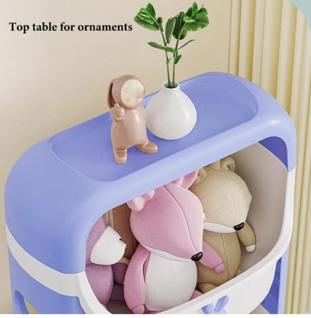 4 Tier Organizer Diaper Organizer Kids Toy Storage Organizer Stackable Rolling Cart, Children Playroom Decor Doll Activity Rack Shelf Plastic Bins Box Mobile Move Everywhere with Caster Wheels