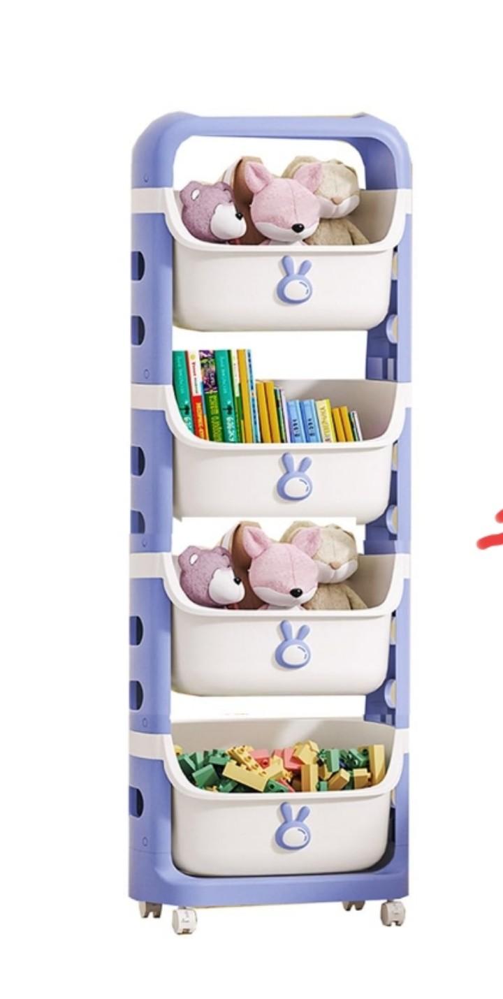4 Tier Organizer Diaper Organizer Kids Toy Storage Organizer Stackable Rolling Cart, Children Playroom Decor Doll Activity Rack Shelf Plastic Bins Box Mobile Move Everywhere with Caster Wheels