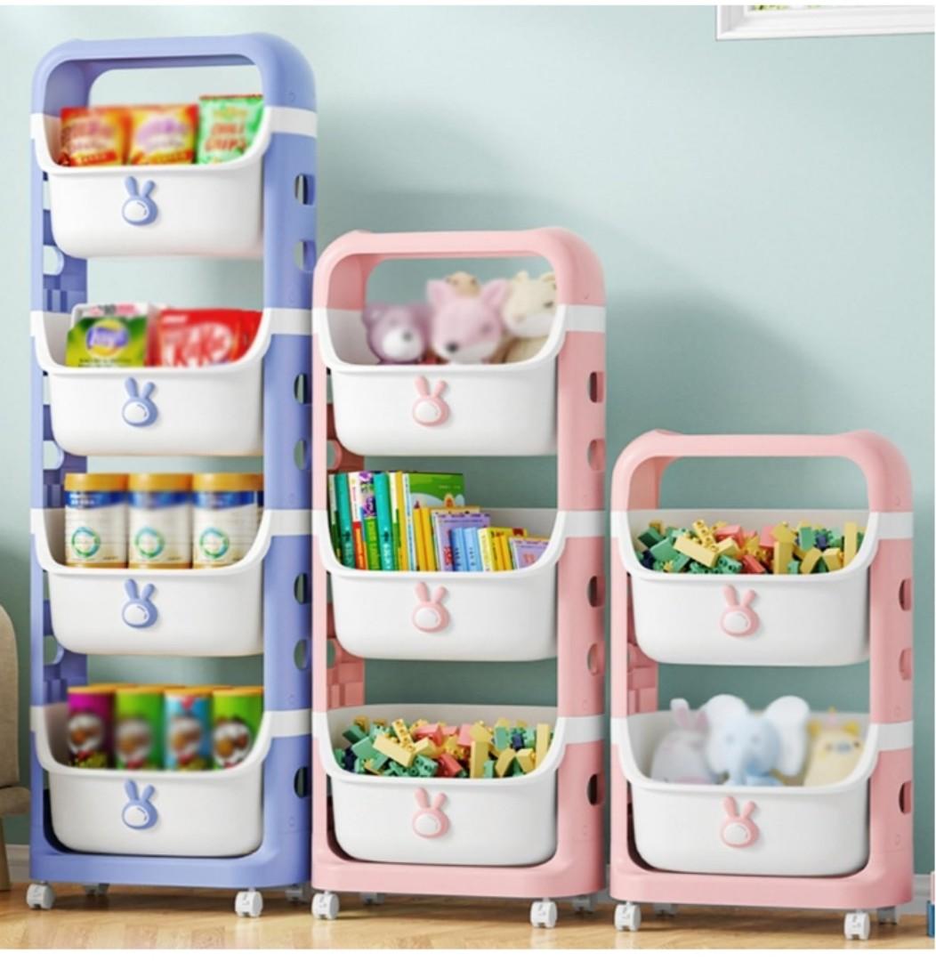 4 Tier Organizer Diaper Organizer Kids Toy Storage Organizer Stackable Rolling Cart, Children Playroom Decor Doll Activity Rack Shelf Plastic Bins Box Mobile Move Everywhere with Caster Wheels