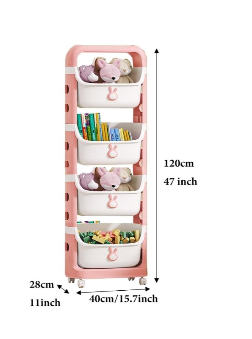 4 Tier Organizer Diaper Organizer Kids Toy Storage Organizer Stackable Rolling Cart, Children Playroom Decor Doll Activity Rack Shelf Plastic Bins Box Mobile Move Everywhere with Caster Wheels
