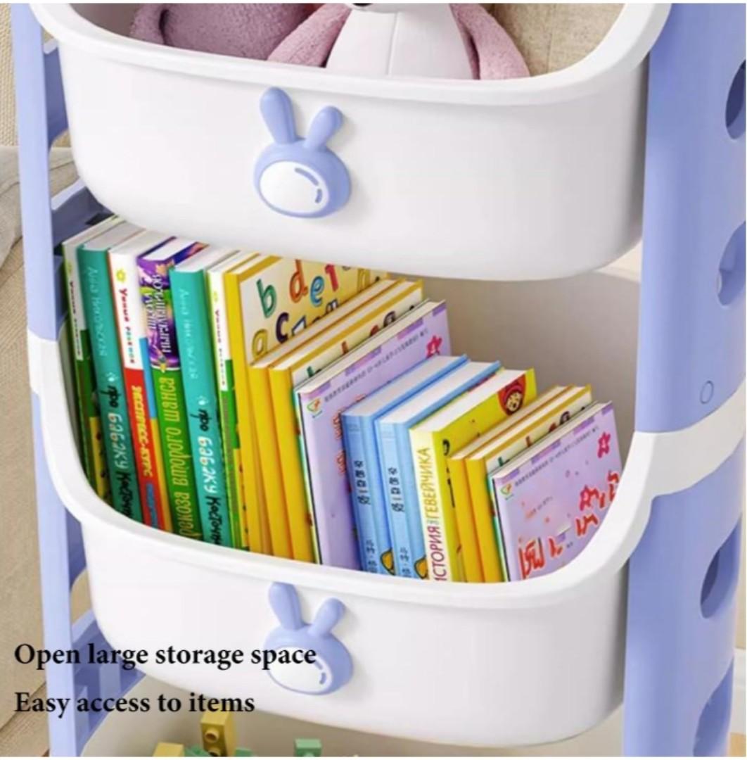 4 Tier Organizer Diaper Organizer Kids Toy Storage Organizer Stackable Rolling Cart, Children Playroom Decor Doll Activity Rack Shelf Plastic Bins Box Mobile Move Everywhere with Caster Wheels