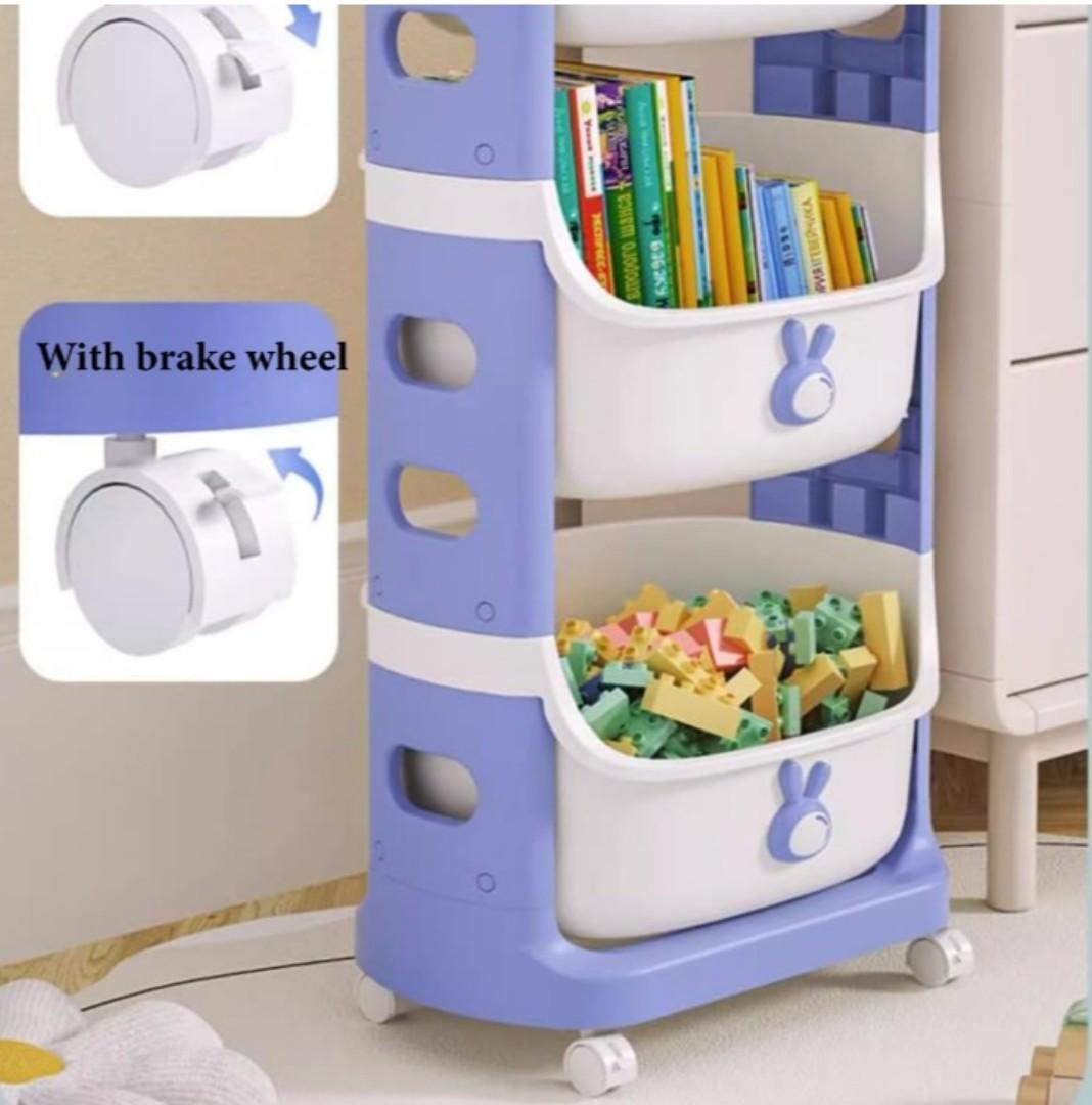 4 Tier Organizer Diaper Organizer Kids Toy Storage Organizer Stackable Rolling Cart, Children Playroom Decor Doll Activity Rack Shelf Plastic Bins Box Mobile Move Everywhere with Caster Wheels