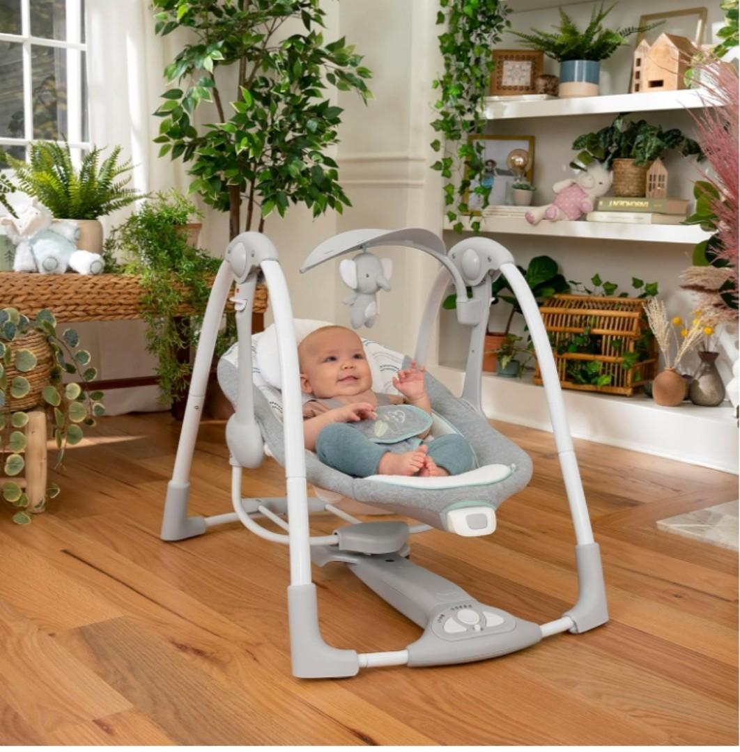 Ingenuity ConvertMe 2-in-1 Compact Portable Automatic Baby Swing & Infant Seat, Battery-Saving Vibrations, Nature Sounds, 0-9 Months 6-20 lbs