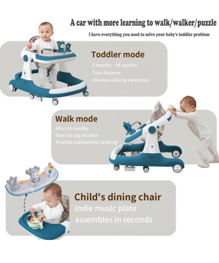 Baby Walker,3 in 1 Multifunctional Learning Walker,Seat or Push Behind,Infant Activity Center w/Music & Steering Wheel,Seat Cushion,Activity Baby Push Walker for Boys Girls Age 6 Months and up