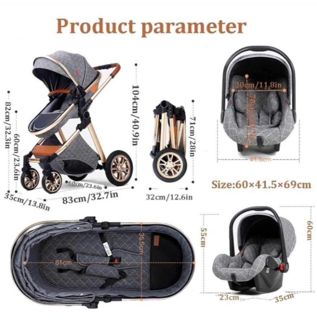 Folding 3 in 1 Baby Stroller Bassinet with Carseat Carrycot for Newborn and Toddler, Newborn Reversible Bassinet Pram,Adjustable High View Luxury Baby Pram Stroller