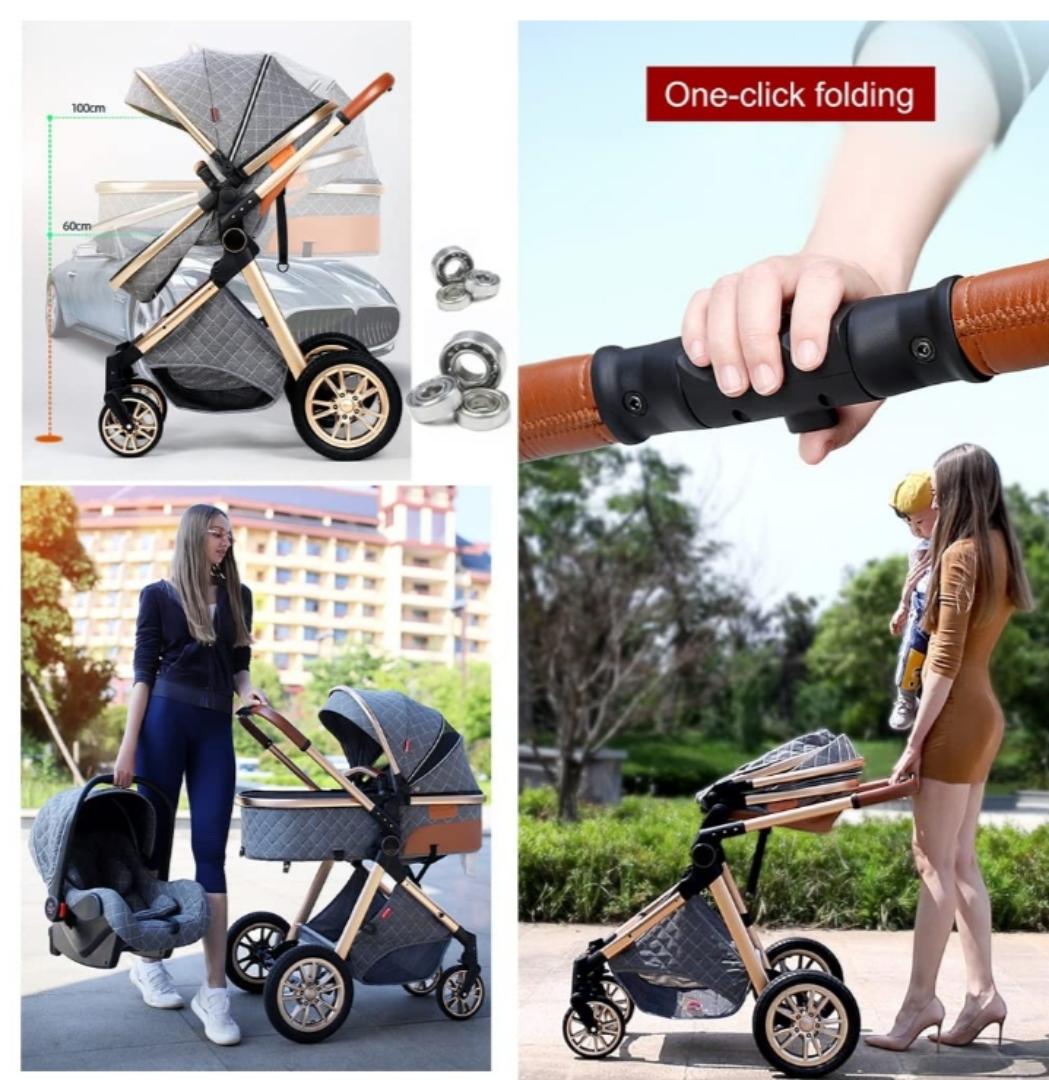 Folding 3 in 1 Baby Stroller Bassinet with Carseat Carrycot for Newborn and Toddler, Newborn Reversible Bassinet Pram,Adjustable High View Luxury Baby Pram Stroller