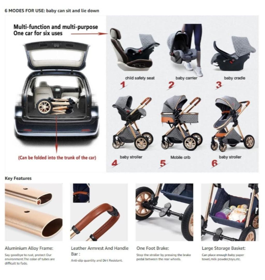 Folding 3 in 1 Baby Stroller Bassinet with Carseat Carrycot for Newborn and Toddler, Newborn Reversible Bassinet Pram,Adjustable High View Luxury Baby Pram Stroller