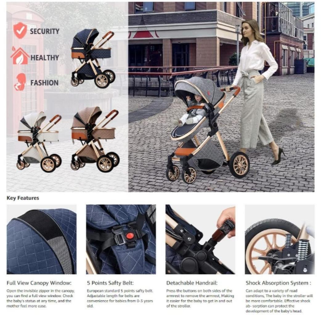 Folding 3 in 1 Baby Stroller Bassinet with Carseat Carrycot for Newborn and Toddler, Newborn Reversible Bassinet Pram,Adjustable High View Luxury Baby Pram Stroller