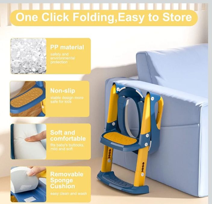 Potty Training Toilet Seat Toddler: Kids Potty Training Seat with Adjustable Height Non-Slip Step Ladder - Foldable Portable Toilet Trainer Chair with Guard Handle Soft Cushion for Baby Boys Girl