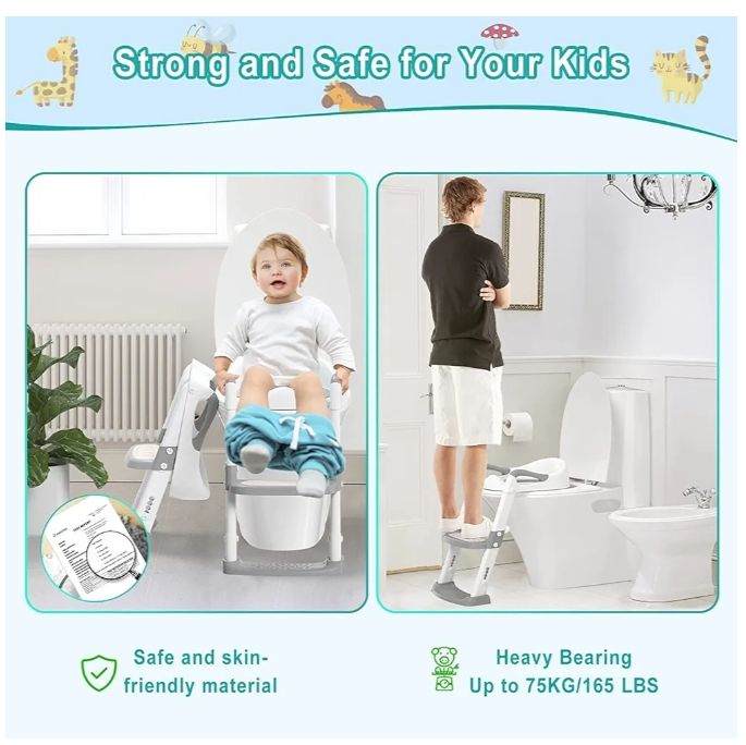 Potty Training Toilet Seat Toddler: Kids Potty Training Seat with Adjustable Height Non-Slip Step Ladder - Foldable Portable Toilet Trainer Chair with Guard Handle Soft Cushion for Baby Boys Girl