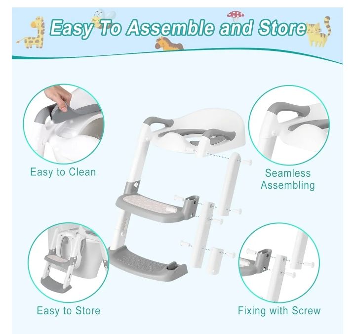 Potty Training Toilet Seat Toddler: Kids Potty Training Seat with Adjustable Height Non-Slip Step Ladder - Foldable Portable Toilet Trainer Chair with Guard Handle Soft Cushion for Baby Boys Girl