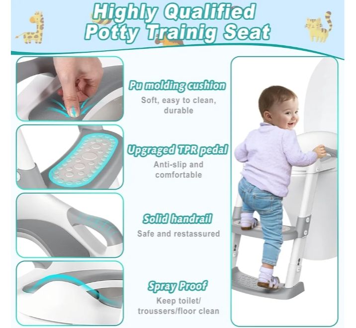 Potty Training Toilet Seat Toddler: Kids Potty Training Seat with Adjustable Height Non-Slip Step Ladder - Foldable Portable Toilet Trainer Chair with Guard Handle Soft Cushion for Baby Boys Girl