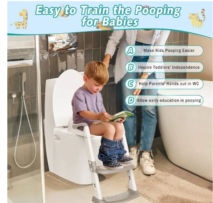 Potty Training Toilet Seat Toddler: Kids Potty Training Seat with Adjustable Height Non-Slip Step Ladder - Foldable Portable Toilet Trainer Chair with Guard Handle Soft Cushion for Baby Boys Girl