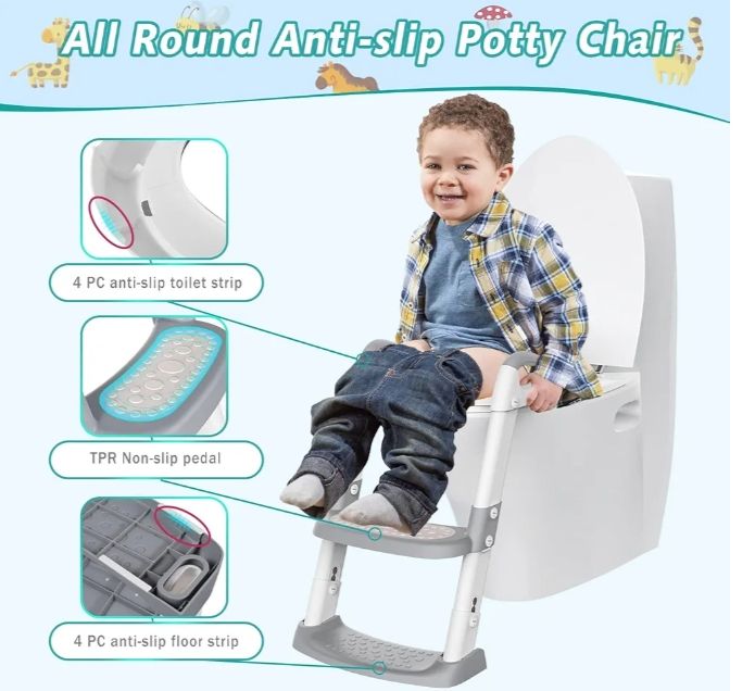 Potty Training Toilet Seat Toddler: Kids Potty Training Seat with Adjustable Height Non-Slip Step Ladder - Foldable Portable Toilet Trainer Chair with Guard Handle Soft Cushion for Baby Boys Girl