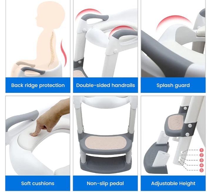 Potty Training Toilet Seat Toddler: Kids Potty Training Seat with Adjustable Height Non-Slip Step Ladder - Foldable Portable Toilet Trainer Chair with Guard Handle Soft Cushion for Baby Boys Girl