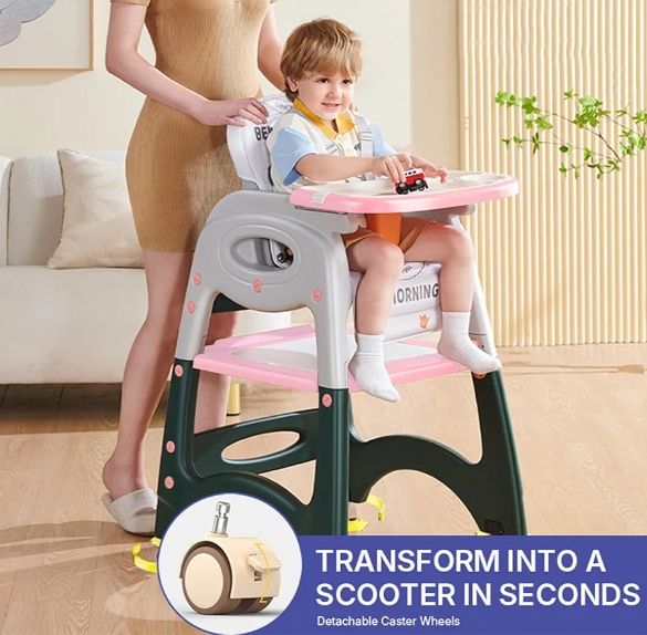 High Chair, Baby Chair For Feeding 4 In 1 Convertible You Can Use In Multiple Ways Footrest/Wheels Easily Moveable Baby Toddler Booster Seat with Tray Chair For Eating, Study, Lunch