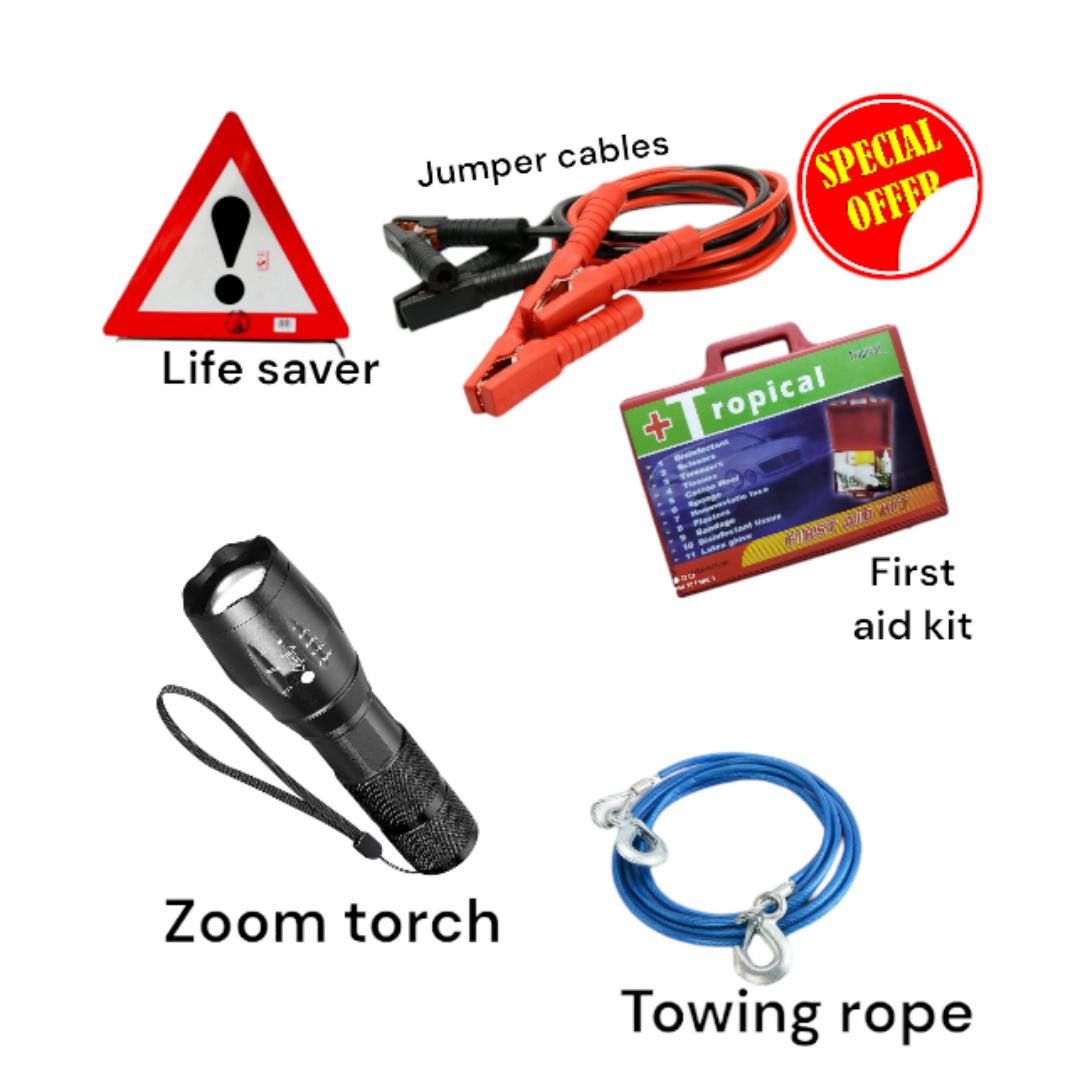Car hazard Life saver triangles , towing rope , zoom torch, jumper cables compliance kit set car emergency kit set