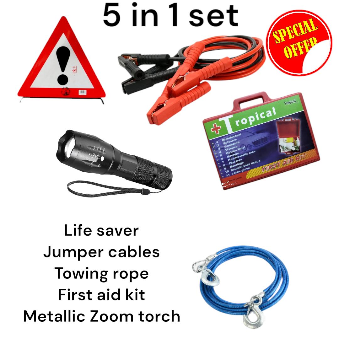 Car hazard Life saver triangles , towing rope , zoom torch, jumper cables compliance kit set car emergency kit set