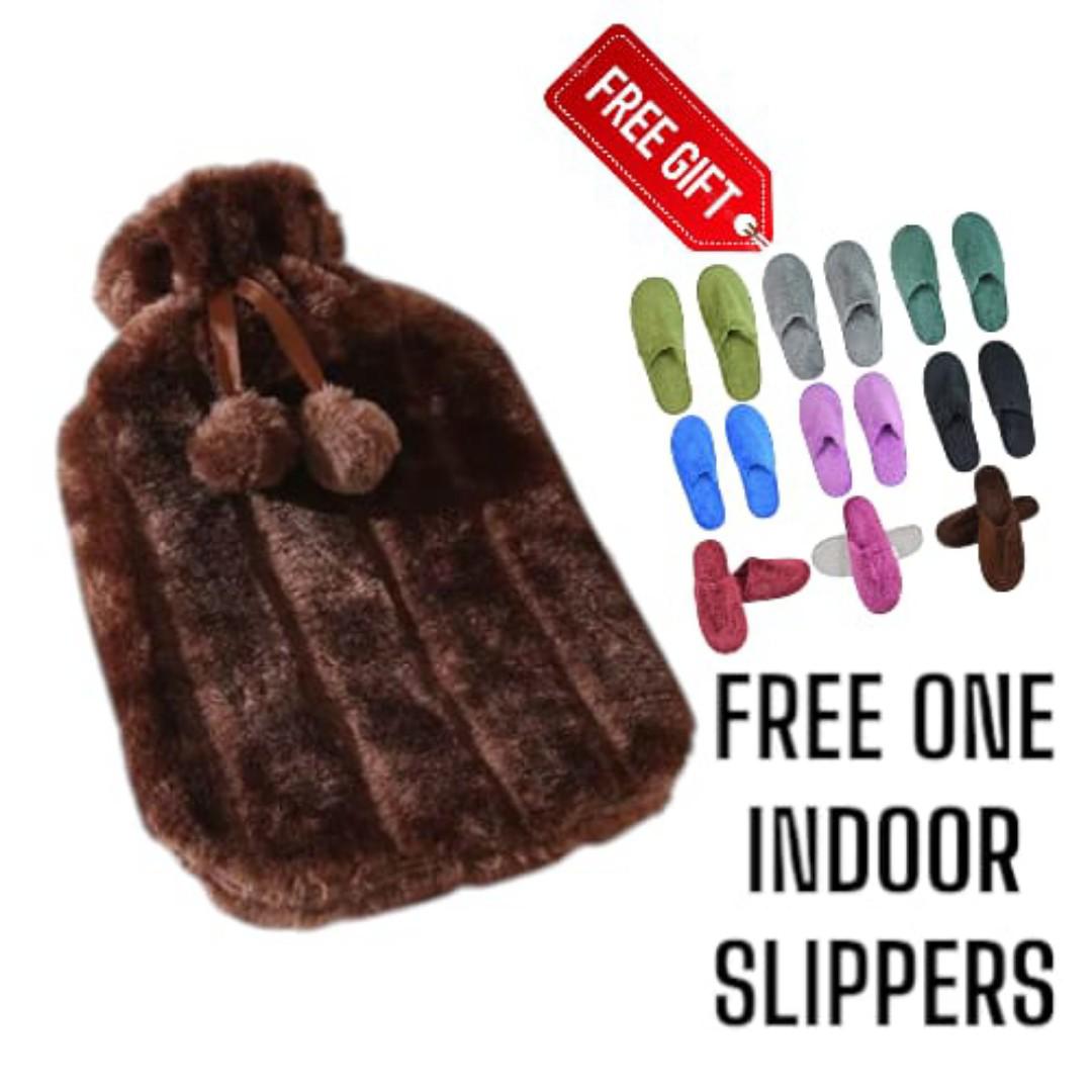 2L Hot Water Bottle With soft faux cover (Brown)+ FREE Cozy Indoor Slippers  Warmth Combo