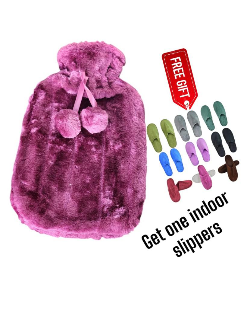 2L Hot Water Bottle With soft faux cover(pink) + FREE Cozy Indoor Slippers  Warmth Combo