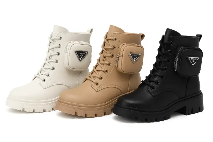 Dripsteps Ladies Leather Ankle Boots – Stylish Combat Design with Side Pocket, Comfortable Chunky Sole, Casual & Outdoor Wear
