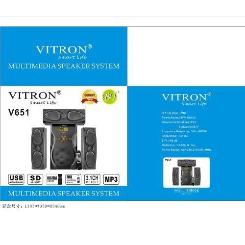 Vitron V651 3.1Ch 8,000W Multimedia Woofer Bluetooth Speaker System Subwoofer
3.1Ch Multimedia Speaker System AC/DC/BT –V651
Power output: 25W+10W'×3
Frequency response: 35Hz-20KHz
LED Display.ENJOY..