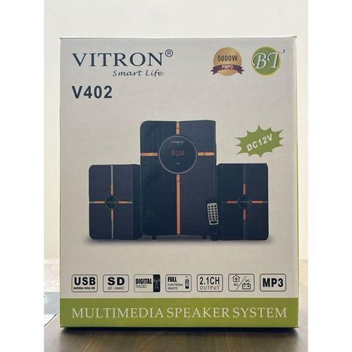 Vitron V402 2.1 Inch Bluetooth Speaker System/The Bluetooth speaker system plays FM radio, and MP3 from the USB and SD card slots. 
Delivering intuitive sound features that let you choose the quality