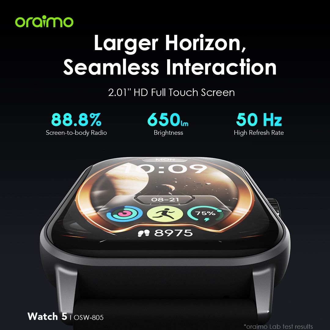 oraimo Watch 5 - 2.01" HD Panda Glass 1ATM Smart Watch