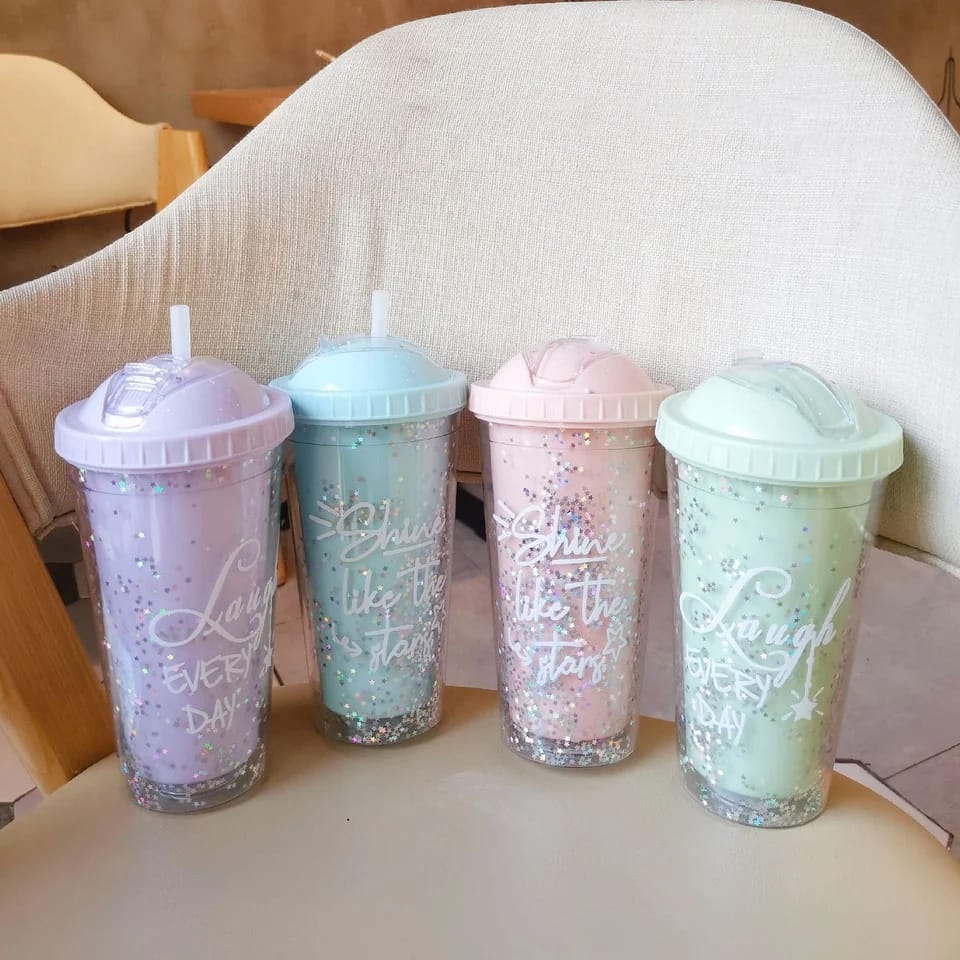550mls stylish double wall smoothie cup with a folding straw;Strong durable glass plastic lid Reusable straw