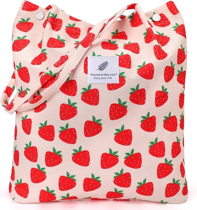 Strawberry Corduroy Shoulder Bag Reusable Shopping Bags Casual Tote