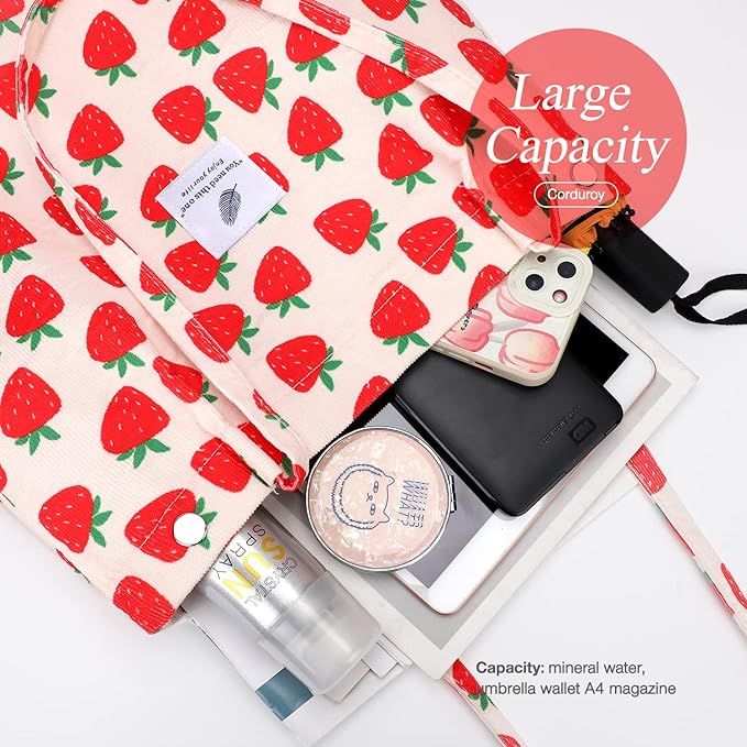 Strawberry Corduroy Shoulder Bag Reusable Shopping Bags Casual Tote
