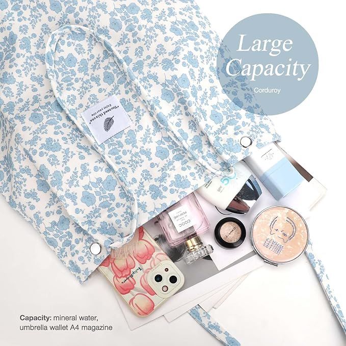 Blue Flower Corduroy Shoulder Bag Reusable Shopping Bags Casual Tote