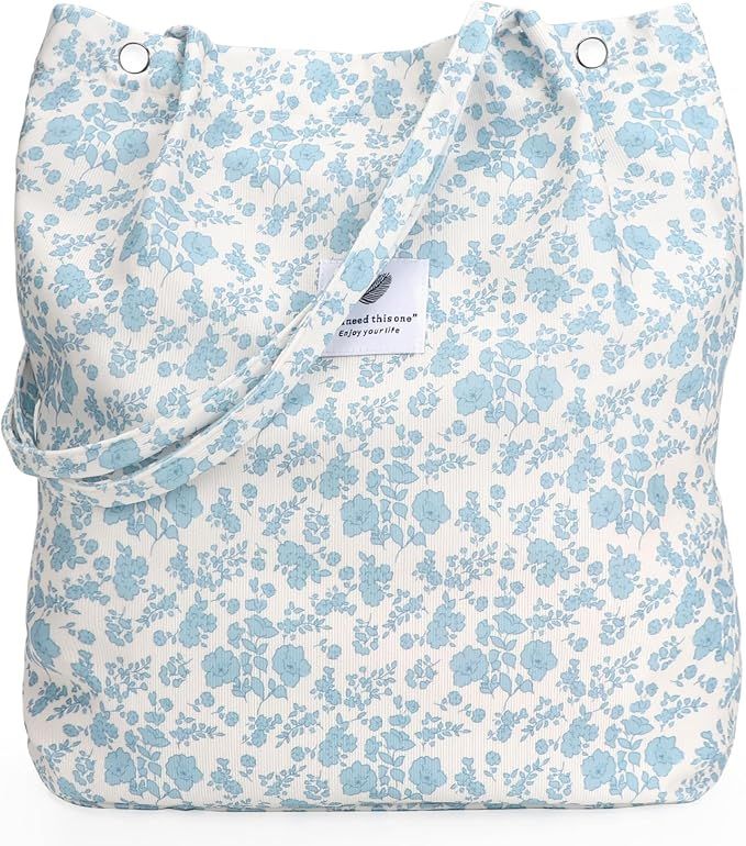 Blue Flower Corduroy Shoulder Bag Reusable Shopping Bags Casual Tote