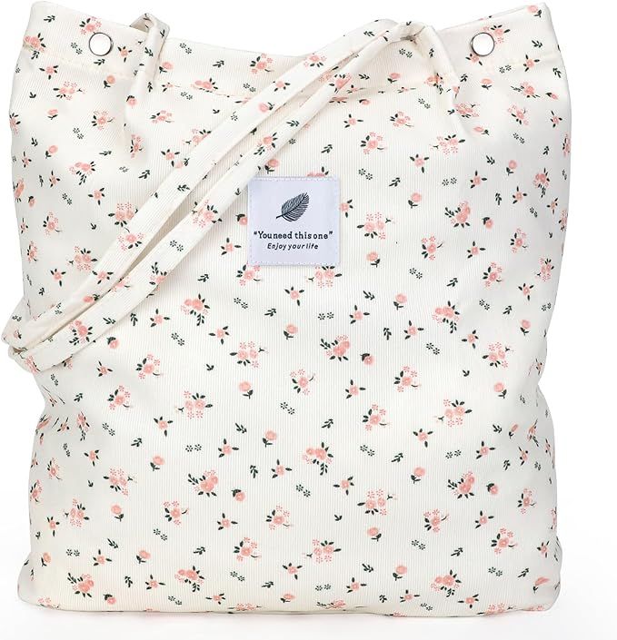 Beige Floral Corduroy Shoulder Bag Reusable Shopping Bags Casual Tote