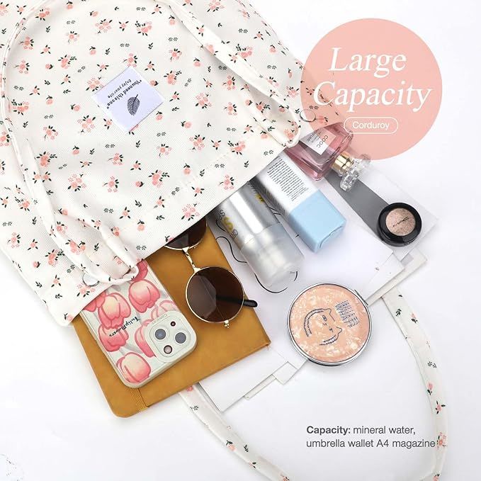 Beige Floral Corduroy Shoulder Bag Reusable Shopping Bags Casual Tote