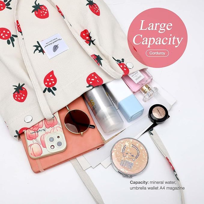 Beige Strawberry Corduroy Shoulder Bag Reusable Shopping Bags Casual Tote