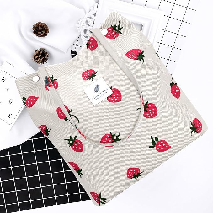 Beige Strawberry Corduroy Shoulder Bag Reusable Shopping Bags Casual Tote