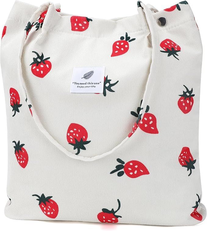 Beige Strawberry Corduroy Shoulder Bag Reusable Shopping Bags Casual Tote
