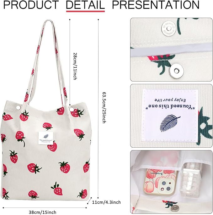 Beige Strawberry Corduroy Shoulder Bag Reusable Shopping Bags Casual Tote