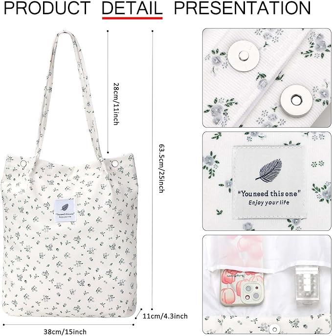 Grey Floral Corduroy Shoulder Bag Reusable Shopping Bags Casual Tote