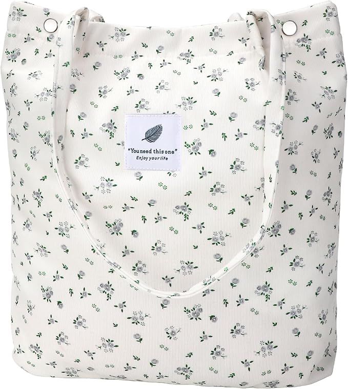 Grey Floral Corduroy Shoulder Bag Reusable Shopping Bags Casual Tote