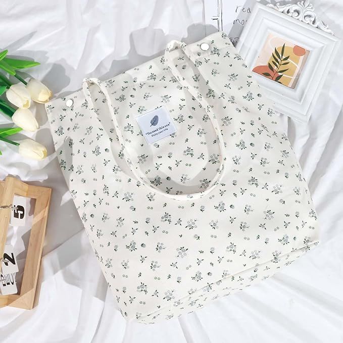 Grey Floral Corduroy Shoulder Bag Reusable Shopping Bags Casual Tote