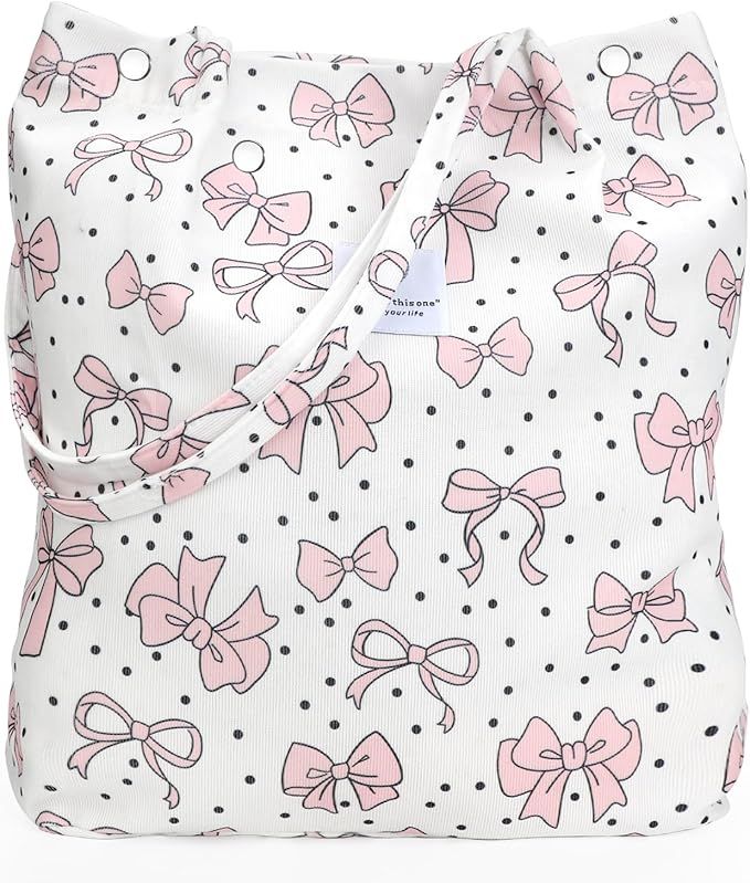 Pink Bow Corduroy Shoulder Bag Reusable Shopping Bags Casual Tote