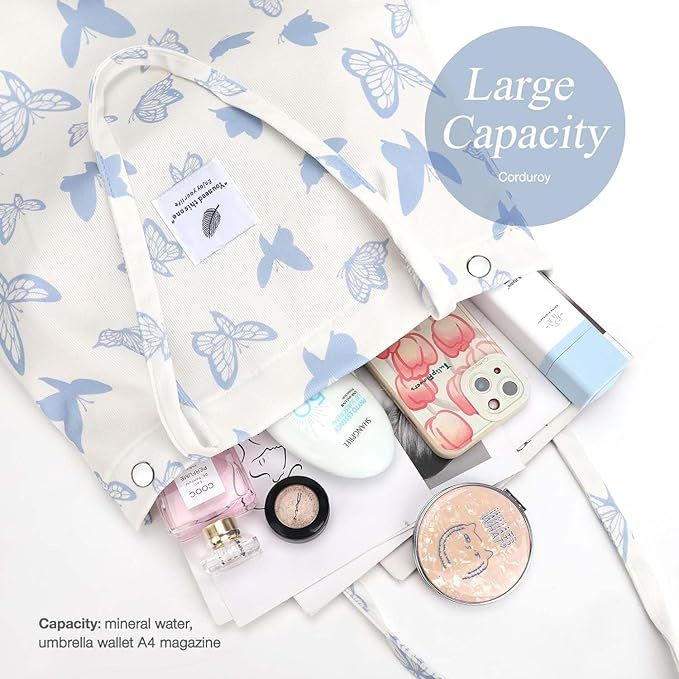 Blue Butterfly Corduroy Shoulder Bag Reusable Shopping Bags Casual Tote